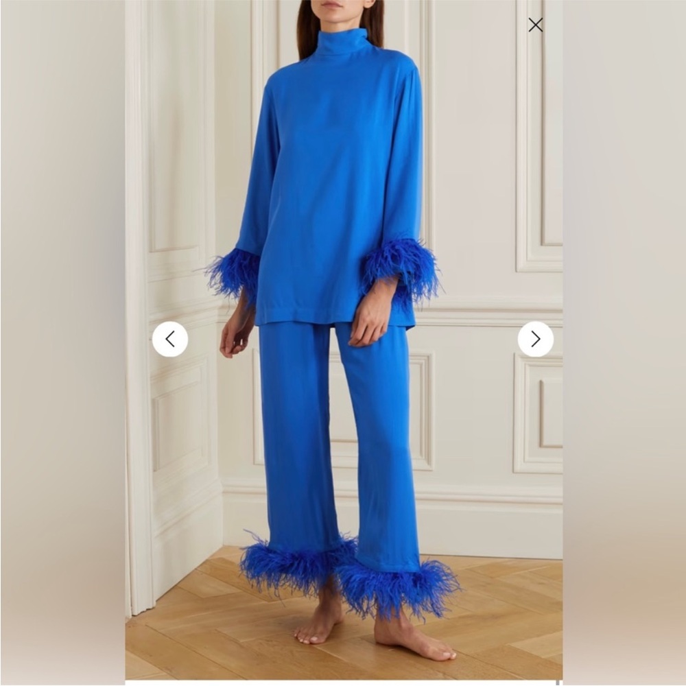 Sleeper Blue Feather Trim Top